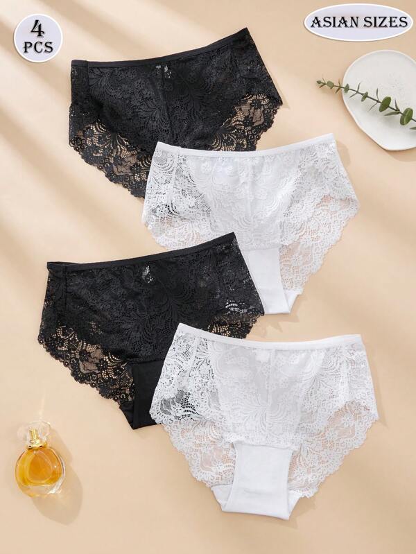 Calcinha feminina de renda de cor sólida, 4 peças, romântica e sexy, cintura alta, leve, translúcida, verão, básica, tecido de malha, calcinha preta sexy, calcinha branca, lingerie preta, casamento