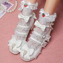 Women's Kawaii Shoes Cross Strap Pumps Cute Sweet Ankle Strap Mary Janes For Wedding Party Cospaly Lolita Style Lace Chunky Heel Pumps With Bow Pearl - 白色 - 查看 4