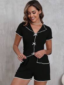 Conjunto de pijama de 2 piezas con blusa de manga corta y shorts para mujer, elegante ropa de casa a rayas con lazo y cuello en V, ligera y cómoda, apropiada para verano y primavera, ideal para vacaciones