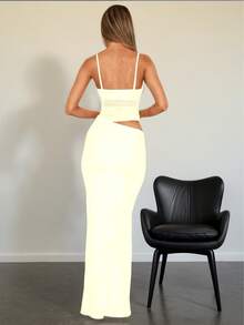 Women's Solid Color Mesh Panel Sleeveless Mini Slip Dress - Yellow - View 4