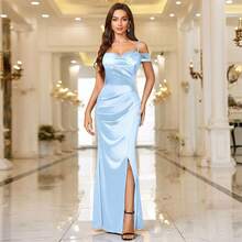 53300 Women's Sexy Off Shoulder Satin High Split Wrap Ruched Style Evening Party Maxi Dress - Black - View 9
