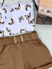 AMYLAN FASHION Neoprene Set Of Butterfly Crop Top With Padding + Shorts With Belt - 棕色 - 查看 2