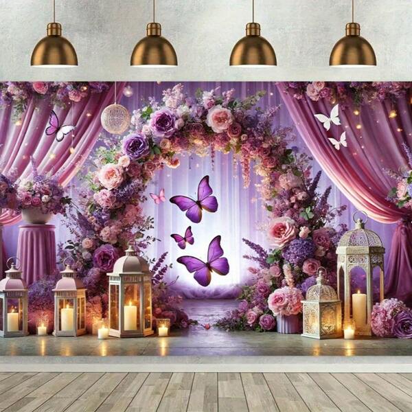 2D Banner, 1pc, Multi-Size, Enchanting Purple Butterfly Dream Garden Background Banner - 8x6ft Polyester Wall Decor, Ideal For Living Room, Bedroom, Office, Home And Outdoor Party - No Electricity Needed, Perfect Holiday Gift, Office Background | Elegant Decor | Floral Pattern, Butterfly Decor