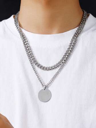 2pcs Minimalist Stainless Steel Layered Necklace, Suitable As Birthday Gift For Boyfriend, Brother, Friend