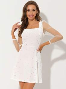 Women's Summer Prom Mesh Sheer Sleeve Sparkly Party Glitter Star Metallic Velvet Dress