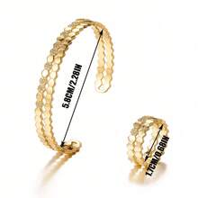 Cravure Retro Style Dual-Tone Electroplated Cubic Zirconia Striped Bangle & Ring Set, Suitable For Daily Wear - Style a Gold - View 5