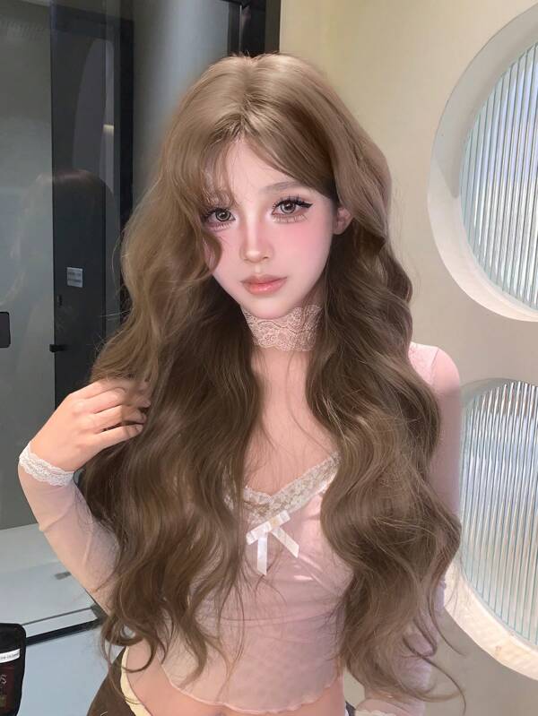 alicegarden 1 Synthetic Heat-Resistant Long Curly Rust Brown Wig ,With Bangs, Made Of Fiber, Suitable For Daily Use, Natural And Realistic Fake Hair