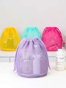 1pc Drawstring Mesh Makeup Bag, Convenient Breathable Travel Toiletry Pouch, Draining Wash Bag