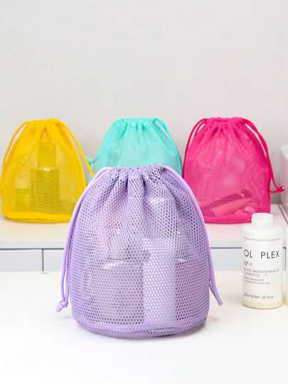 SHEIN X Milania 1pc Drawstring Mesh Makeup Bag, Convenient Breathable Travel Toiletry Pouch, Draining Wash Bag