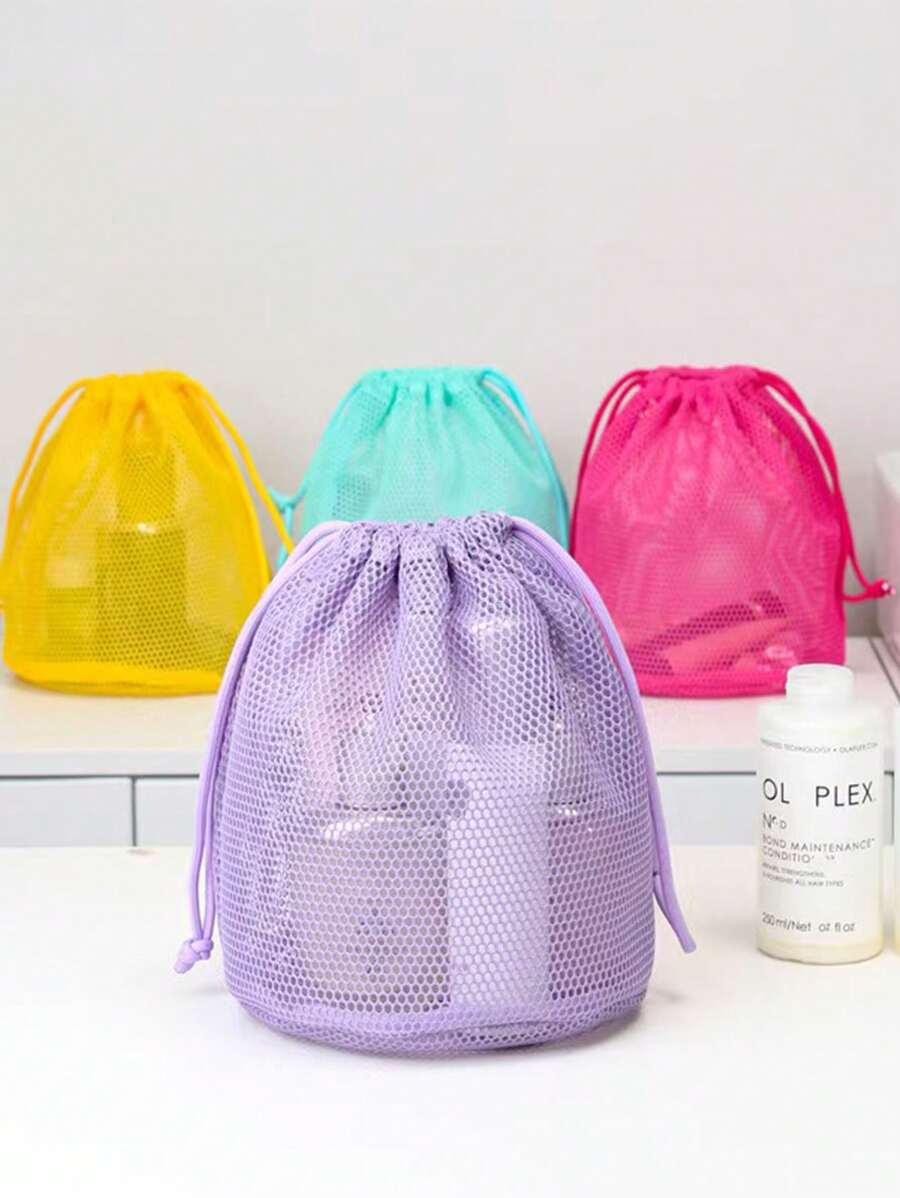 1pc Drawstring Mesh Makeup Bag, Convenient Breathable Travel Toiletry Pouch, Draining Wash Bag