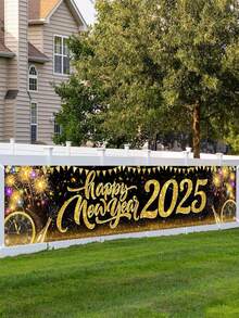 1 件，2025 新年快乐横幅，40*200 厘米涤纶黑金气球烟花倒计时时钟图案新年悬挂横幅，适用于家庭围栏庭院标志、花园、室内室外装饰欢迎活动装饰，2025 年新年快乐庆祝派对装饰，圣诞节 - 彩色 - 查看 4
