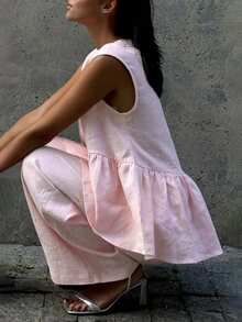 Linen Blend Sleeveless V-Neck Loose Top With Elastic Waist Pocket Wide Leg Pants Set, Women's Autumn Outfit, Y2K Style, Vintage, Travel Airport, Back To School, Street Style - Baby Pink - View 3