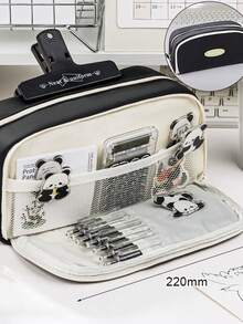 1pc 3-Layer Canvas Pencil Case, Extra Large Capacity Student Back To School Gift, Desk Organizer - Multicolor - View 4