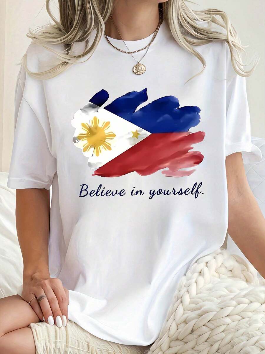 Women'S Patriotic Tee With Philippines Flag Design - Casual Crew Neck Short Sleeve T-Shirt, Comfortable Summer Top With "Believe In Yourself" Motif, Soft Polyester Blend, Perfect For Casual - 白色 - 查看 1