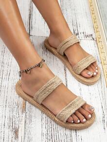 女士时尚卡其色编织图案平底凉鞋，休闲夏季沙滩鞋