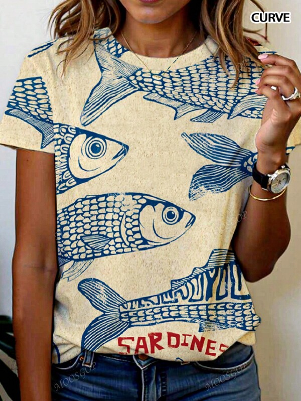Bohemian Beachwear ,Plus Size Women's Spring And Summer Fashion Vacation Tropical Multi Ugly Fish Random Print Casual Comfortable Round Neck Short Sleeve T-Shirt Brunch For Women
