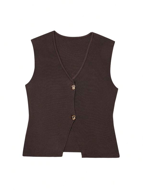 Damen lässige Mode goldener Knopf ärmelloser V-Ausschnitt Strick Weste Strickjacke, einfarbige einreihige lässige Strick Weste, Frühling und Herbst, ärmellose Oberteile