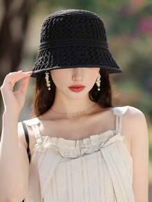 1pc Women's Solid Color Bucket Hat, Simple & Fashionable, Versatile Knitted Hollow Breathable Sun Hat For Spring/Summer, Slightly Oversized (Please Understand) - MZ2465 - View 12