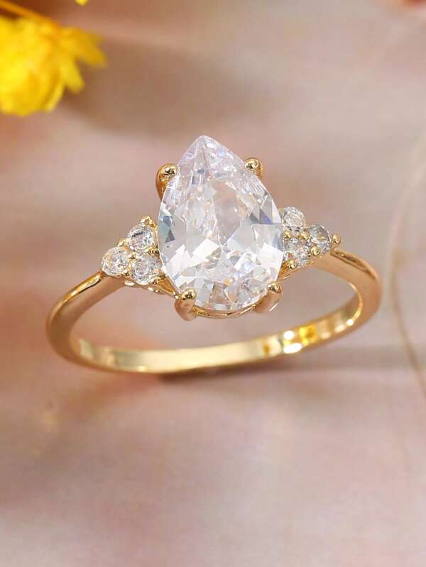 1pc Fashionable Cubic Zirconia Pear-Shaped Copper Ring, Suitable For Women To Wear Daily, Wedding, Party, Engagement, Valentine's Day Gift