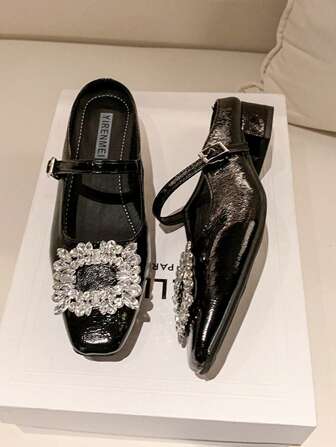 Women's French Style High Heel Mules, 2025 Spring/Summer New Closed Toe Mary Jane Crystal Buckle Slip On Shoes, Elegant, Fashion And Versatile