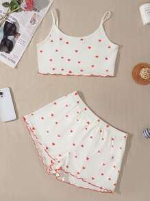 Neuer Frühlings-/Sommer-Lässig, süßer & sexy Trägerhemd und gerippter Herz-Muster Shorts Pyjama-Set, Loungewear, Urlaub