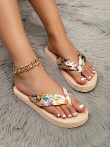 女士时尚鞋卡其色夏季鞋编织风格平底鞋休闲沙滩女士凉鞋草底拖鞋 - 彩色 - 查看 3