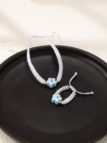 2pcs Set Handmade Woven Floral Ring And Bracelet, Fashionable And Elegant Design Suitable For Women's Daily & Holiday Wear