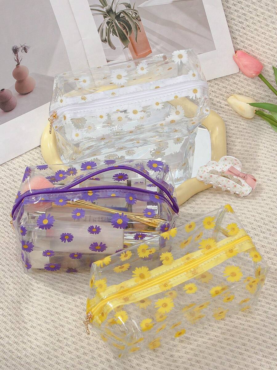 1 Piece Summer Waterproof Cosmetics Bag With Daisy Print Cute Transparent Travel Toiletry Bag PVC Make Up Organizer Bag With Zipper Multi-Functional Clutch Pouch For Summer Holiday Essentials, Beach Essentials, Bathroom Organizer, Pen Organizer, Makeup Brushes Organizer, Skincare Storage Cute Beach Bag Wash Bag Makeup Bag Pencil Case