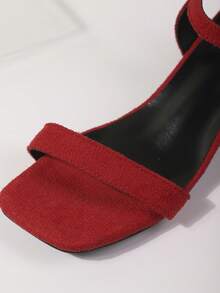 1 Pair Fashion Women's Chunky Heel Sandals, Solid Color Open Toe, Minimalist Chic Style, Suede Covered Heel, Fashionable European And American Design - Red - View 8