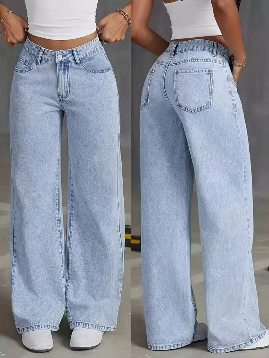 Women Casual High Waist Straight-Leg Washed Denim Jeans