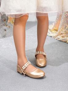 1 Pair Versatile Girl Pearl Decor Flat Princess Shoes, Suitable For All Seasons - Gold - View 3