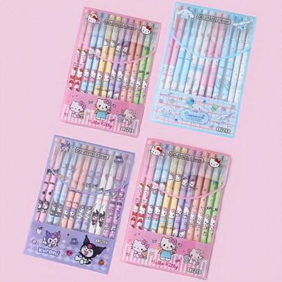 Sanrio 12Pcs 0.5MM Erasable Gel Ink Rollerball Hello Kitty Pens With Melody, Kuromi, Cinnamoroll Designs For Office & School Stationery Back To School