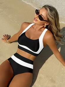 Women's Contrast Color Athleisure Bikini Swimsuit Set For Beach Vacation