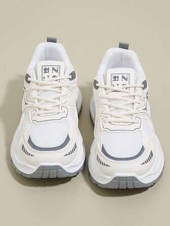 Women's White Casual Sneakers, Thick Sole Chunky Sneakers, Mesh Breathable, Printed Lace-Up, Petite Height Increase, Suitable For Daily Casual Wear, Travel, Shopping, Fashion Versatile