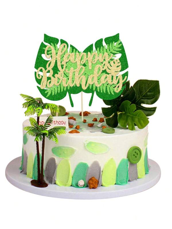 1pc Happy Birthday Tropical Leaves Cake Decor, Green Glitter Jungle Palm Leaves Cake Topper, Suitable For Tropical Leaves Theme Party, Jungle Animal Theme Party, Birthday Party, Jungle Wildlife Theme Party Cake Decoration