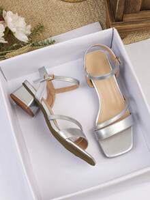 Women's High Heel Sandals, French Square Toe, Burgundy Color, Low Heel, Casual & Fashionable, Roman Style Criss-Cross Thin Strap, New For Spring & Summer Beach - Silver - View 6