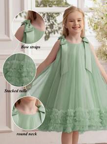 Young Girl Elegant Mint Green Bow Tulle Princess Dress, Suitable For Birthday Party, Casual Outing, Stage Performance, Holiday Celebration