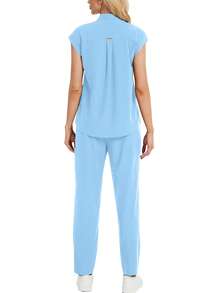 Bộ đồng phục y tế 2 món (áo và quần cổ đứng, màu trơn) mùa xuân - Màu xanh nhạt - Xem 3