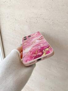 1pc Pink Marble/Sakura Gradient Matte Edge Phone Case, Compatible With Apple/Compatible With Redmi/Compatible With VIVO,International Version, Not The Domestic Version - Pink - View 4