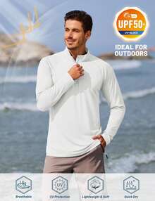 KEFITEVD Men's Long Sleeve Athletic Shirts 1/4 Pullover Zip Sun Protection Rash Guard UPF 50+ Outdoor Running T-Shirts - White - View 3