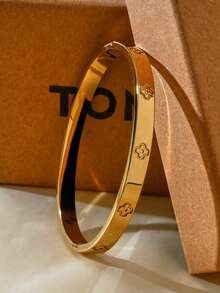 TONSI 1pc Stainless Steel 18K Gold Plated Snap Cuff Bracelet, Clover Element Cubic Zirconia Inlaid, Women Jewelry Gift Box, Birthday/Holiday Gift - Bracelet Gift Box - View 6