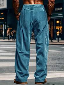 Men's Retro Loose Corduroy Casual Pants With Slant Pockets - Breathable Straight-Leg Drawstring Waist Sweatpants, Suitable For City Walks And Outdoor Activities - Blue - View 3