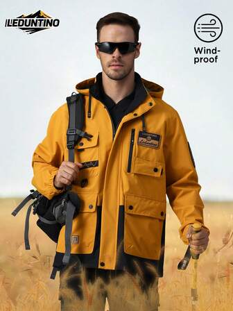 LEDUNTINO [春夏] 男士时尚拉链休闲户外夹克，纯灰色运动夹克带标语，男友礼物，男士薄款春秋季风衣外套带可拆卸连帽，拼接字母印花，冬秋季上衣