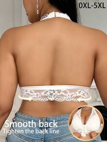 Plus Size Women Front Closure Lace Patchwork Bra, Soft & Comfortable Wireless Bra With Removable Padded, Halter Design - White - View 2