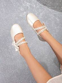 1 Paio di versatili scarpe da principessa piatte con decorazione a perle per ragazze, adatte per tutte le stagioni