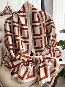 1 件女士几何印花仿丝围巾，时尚百搭防晒披肩，旅行和日常装饰，春秋