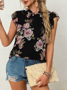 Women's Summer New Ruffled Collar Pleated Blouse, Casual Vacation Travel Ladies Floral Chiffon Shirt, Elegant Short Sleeve Ruffle Hem Pullover Top - Black - View 4