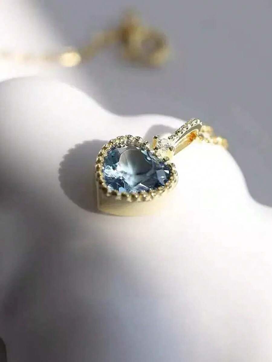 Colar banhado a ouro 14K em prata esterlina S925, pingente elegante de coração com zircônia cúbica em tom água-marinha, design minimalista e elegante, ótimo presente para mãe ou amigas
