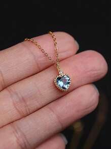 Colar banhado a ouro 14K em prata esterlina S925, pingente elegante de coração com zircônia cúbica em tom água-marinha, design minimalista e elegante, ótimo presente para mãe ou amigas