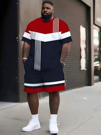 男士加大码几何艺术设计印花加大码两件套 | 3D 图形圆领短袖上衣和短裤弹力透气涤纶 | 休闲运动风格宽松版型 | 适合日常和派对穿着，舒适装扮